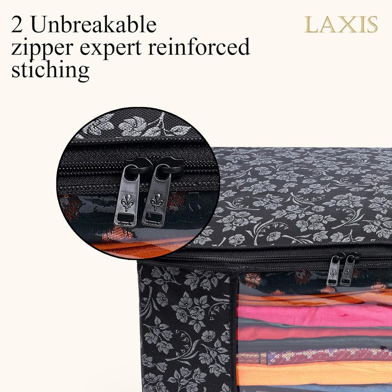LAXIS Saree Covers With Zip NonWoven Printed Saree CoverSaree Organizer For WardrobeCloth StorageOrganizer With Transparent WindowSaree Bags StorageClothes Organizer Black Pack of 3 - Image 3