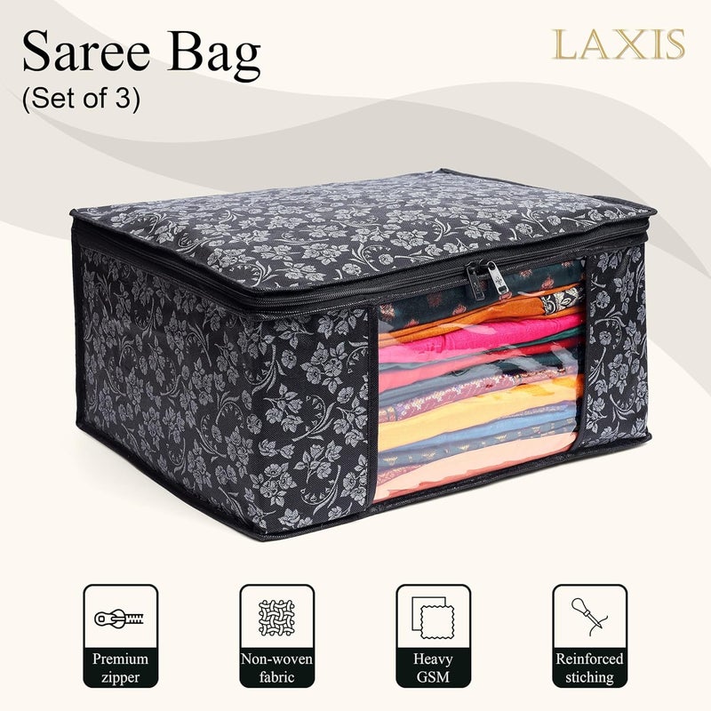 LAXIS Saree Covers With Zip NonWoven Printed Saree CoverSaree Organizer For WardrobeCloth StorageOrganizer With Transparent WindowSaree Bags StorageClothes Organizer Black Pack of 3 - Image 4