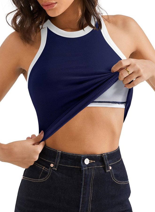 SUUKSESS Women Padded Cotton Ribbed Tank Tops 2025 High Neck Racerback Basic Tops, Navy With White, M - Image 3