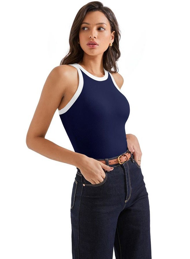 SUUKSESS Women Padded Cotton Ribbed Tank Tops 2025 High Neck Racerback Basic Tops, Navy With White, M - Image 5
