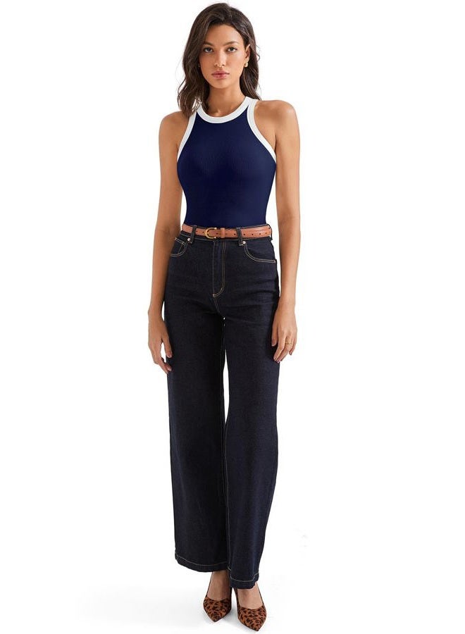 SUUKSESS Women Padded Cotton Ribbed Tank Tops 2025 High Neck Racerback Basic Tops, Navy With White, M - Image 2