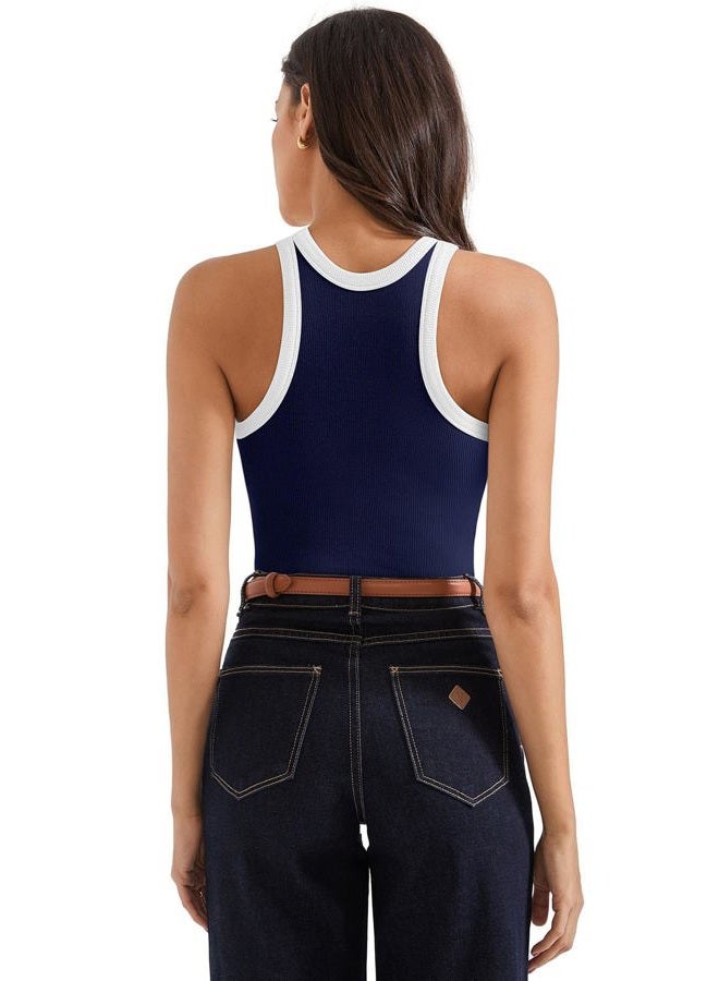 SUUKSESS Women Padded Cotton Ribbed Tank Tops 2025 High Neck Racerback Basic Tops, Navy With White, M - Image 4