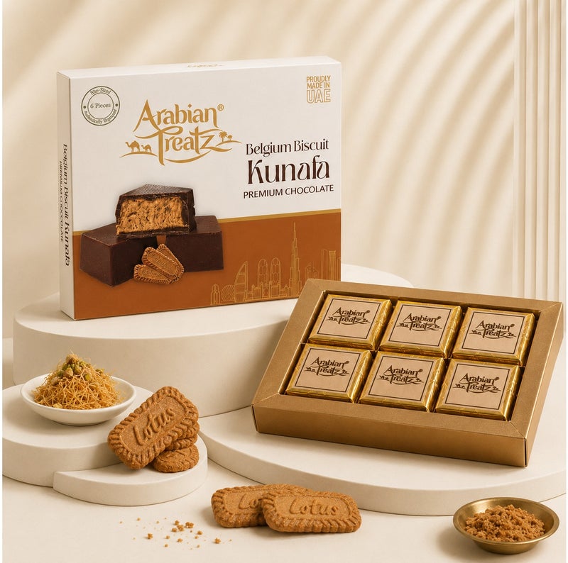 Arabian Treatz Belgium Biscuit Kunafa Premium Chocolate Gift Box 120g | Luxury Milk Chocolate with Crispy Kunafa & Belgium Biscuit Filling | 6 Pieces | Made in UAE - Image 1