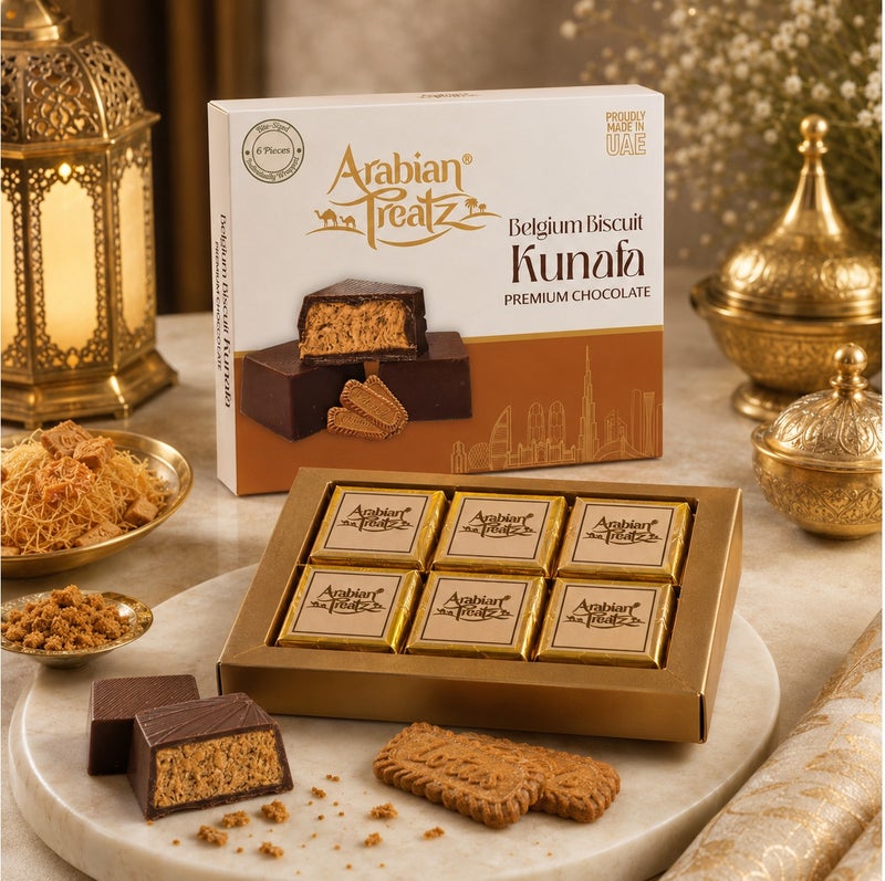 Arabian Treatz Belgium Biscuit Kunafa Premium Chocolate Gift Box 120g | Luxury Milk Chocolate with Crispy Kunafa & Belgium Biscuit Filling | 6 Pieces | Made in UAE - Image 2