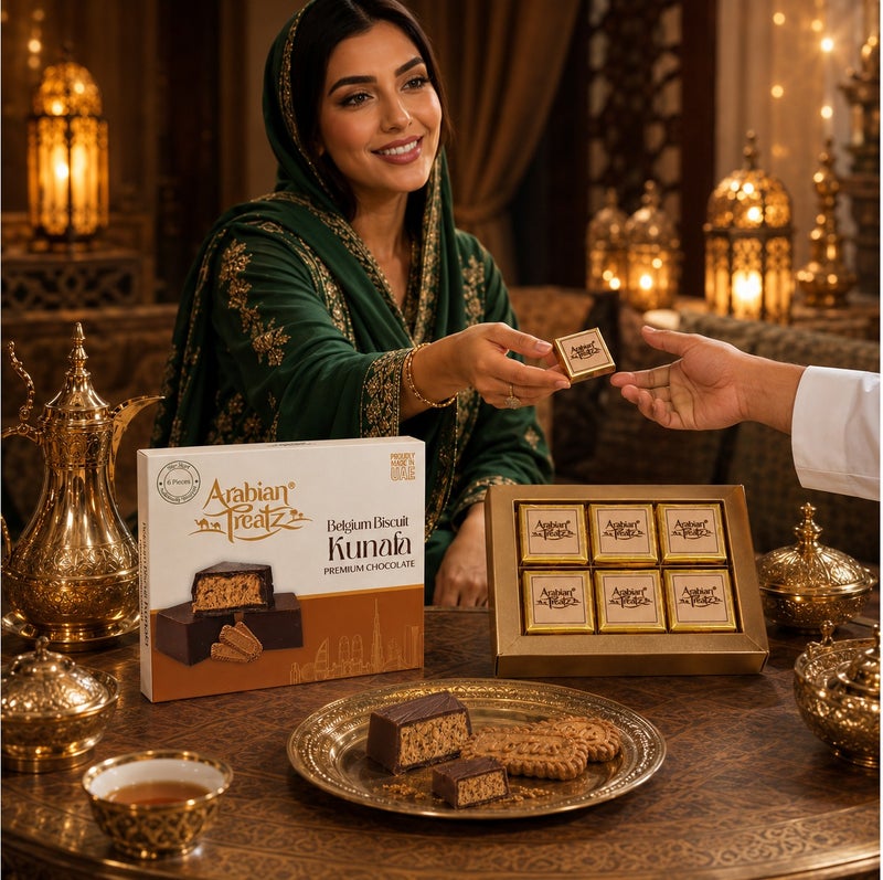 Arabian Treatz Belgium Biscuit Kunafa Premium Chocolate Gift Box 120g | Luxury Milk Chocolate with Crispy Kunafa & Belgium Biscuit Filling | 6 Pieces | Made in UAE - Image 3