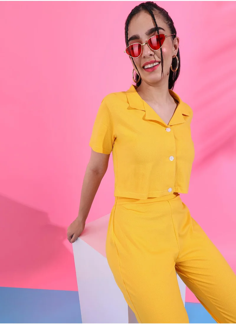 Campus Sutra Campus Sutra Women's Solid Yellow Cropped Co-Ord Set