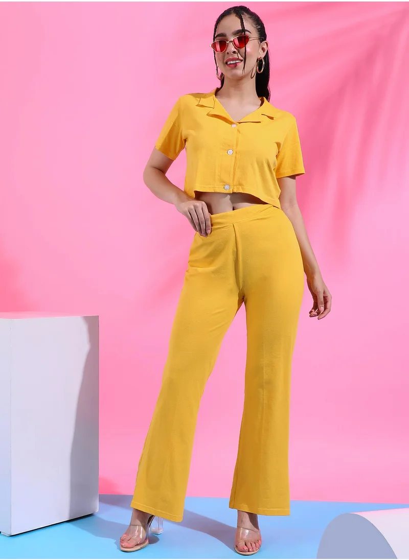 Campus Sutra Campus Sutra Women's Solid Yellow Cropped Co-Ord Set