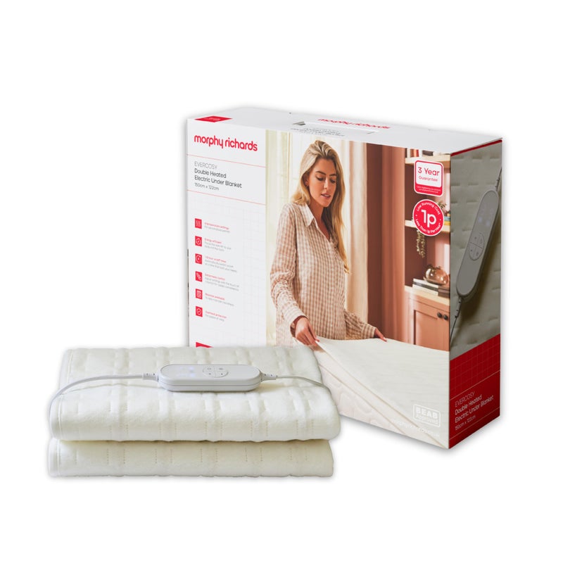 Morphy Richards EverCosy Electric Under Blanket, Double, 150x122cm, For Back Pain and Cold Nights, 9 Heat Settings, 9hr Timer, BEAB Approved, 3p/hr Cost, 600121, Cream - Image 1