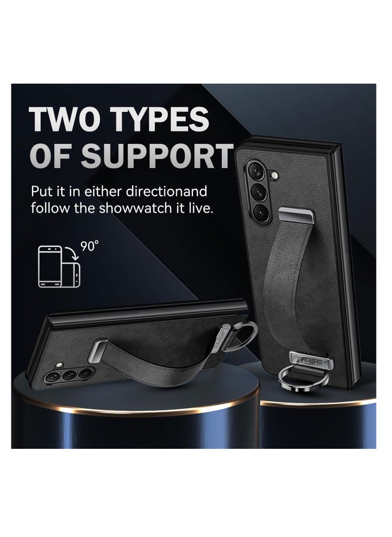 Aookay For Samsung Galaxy Z Fold 6 Case, Premium Leather Business Case with Wrist Strap Grip Holder, Full Lens Protection, Shockproof Ultra-thin Case (Black)  - Image 4