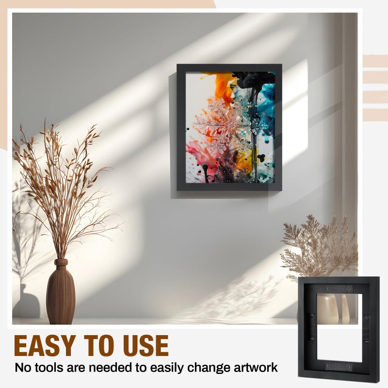 كونكلاي 4 قطع من Qunclay إطار عائم من القماش مقاس 8 × 10 بوصة إطارات عائمة سوداء للوحة القماش الخشبية إطار معلق على الحائط عموديًا وأفقيًا مع شرائط لاصقة للمطبوعات لوحة زيتية لديكور الماس - Image 4
