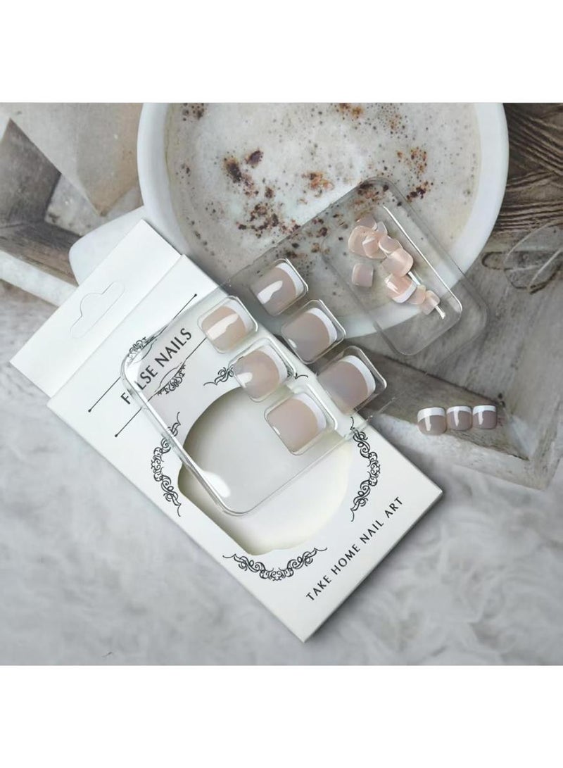 KHAJUL White French Tip Press on Toenails Short Square Fake Toenails with Glue Pink Stick on Toenails Nude Glossy Acrylic Toenails Press on Artificial False Toenails for Women DIY Manicure Decorations 24Pcs - Image 3