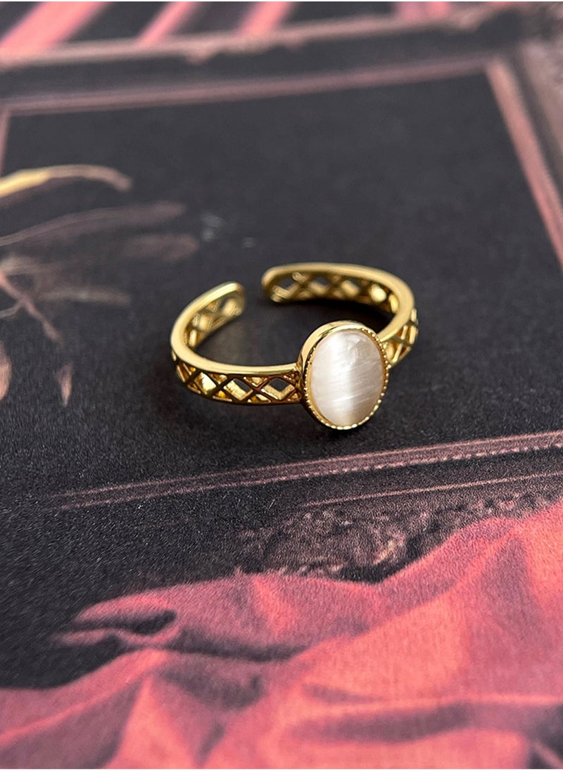 LOOPITYS Hollow out cat's eye stone ring, 14k gold-plated adjustable handmade ring, light medieval French court style daily fashion, cat's eye stone ring, hollow out filigree ring  - Image 1