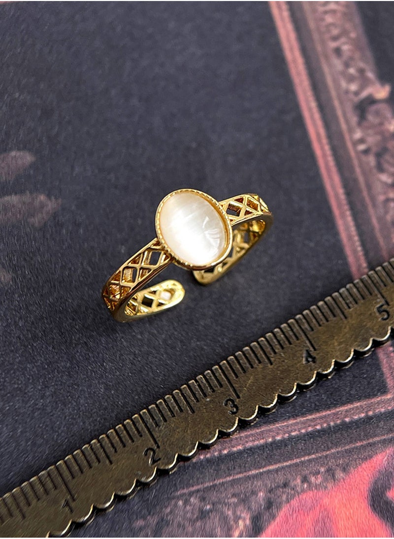 LOOPITYS Hollow out cat's eye stone ring, 14k gold-plated adjustable handmade ring, light medieval French court style daily fashion, cat's eye stone ring, hollow out filigree ring  - Image 2