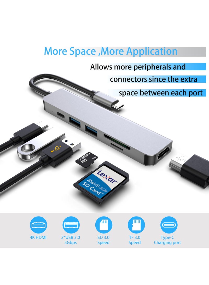 6 in 1 USB C Hub Multiport Adapter Portable Space Aluminum Dongle with 4K HDMI Output, 3 USB 3.0 Ports, SD/TF Card Reader Compatible for MacBook Pro,XPS More Type C Devices - Image 2