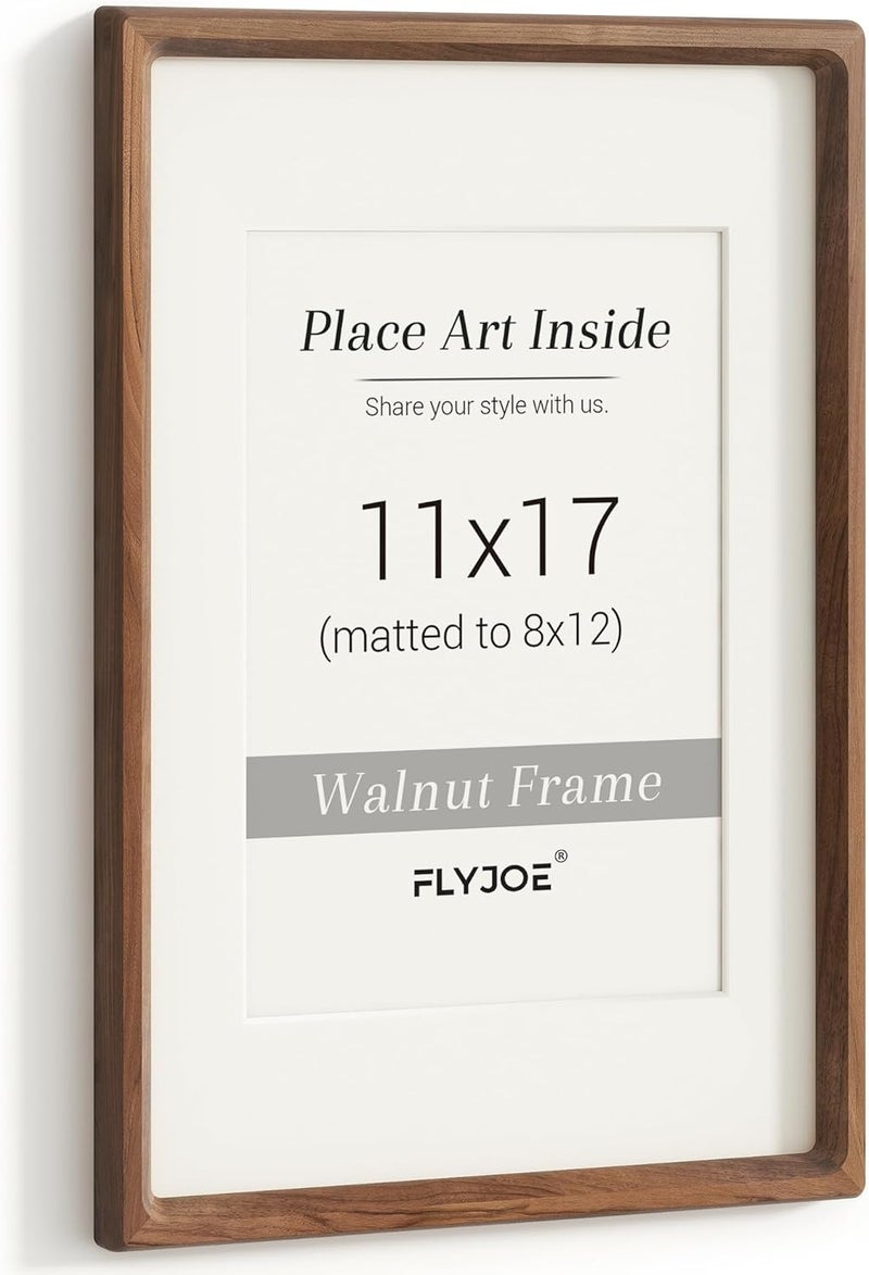 FLYJOE 11x17 Picture Frame, USA-Sourced Natural Walnut Wood Photo Frame with Tempered Glass, Handcrafted Rounded Corner 11 x 17 Wooden Frame Matted to 8x12 Photos, Wall or Tabletop Display - Image 1