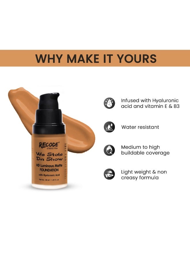 Recode HD Luminous Matte Foundation Shade 08 Hodu|Water Resistant|Infused With Hyaluronic & Vitamin E & B3|Lightweight|Non Creasy Formula 30 ML - Image 4