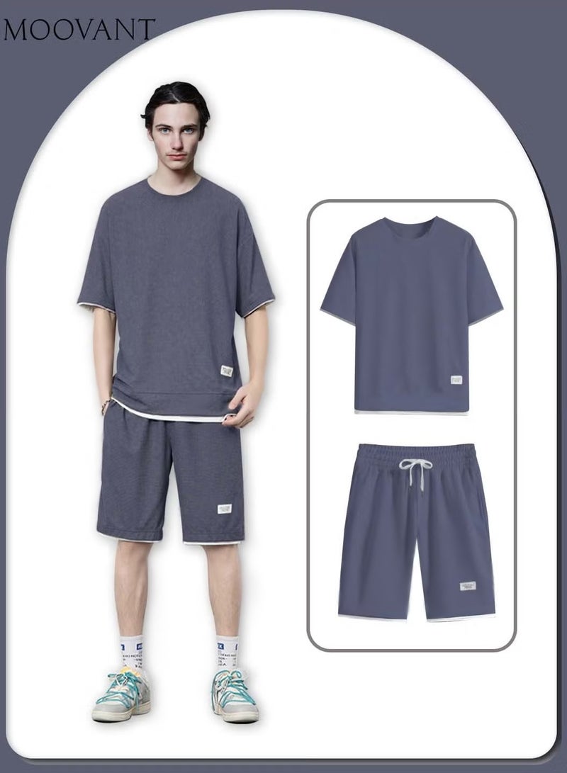Moovant طقم ملابس رياضية رجالي صيفي كاجوال بأكمام قصيرة مكون من تي شيرت وشورت مكون من قطعتين بدلة رياضية متناسقة مع جيوب - Image 1