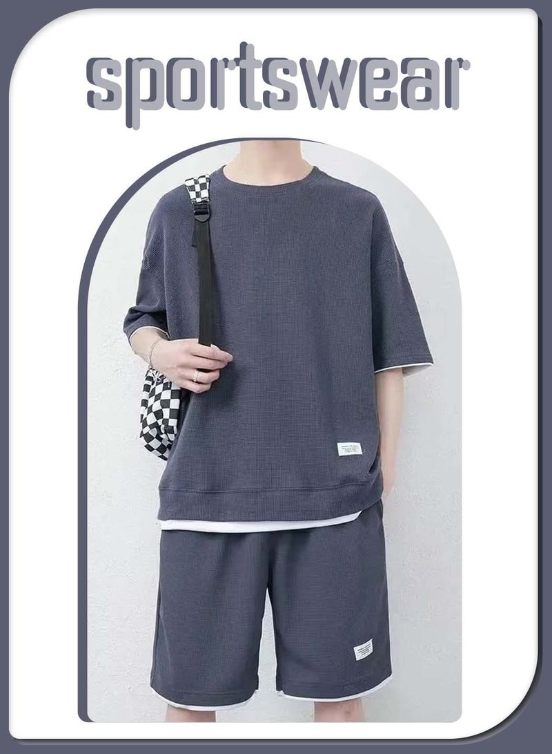 Moovant طقم ملابس رياضية رجالي صيفي كاجوال بأكمام قصيرة مكون من تي شيرت وشورت مكون من قطعتين بدلة رياضية متناسقة مع جيوب - Image 4