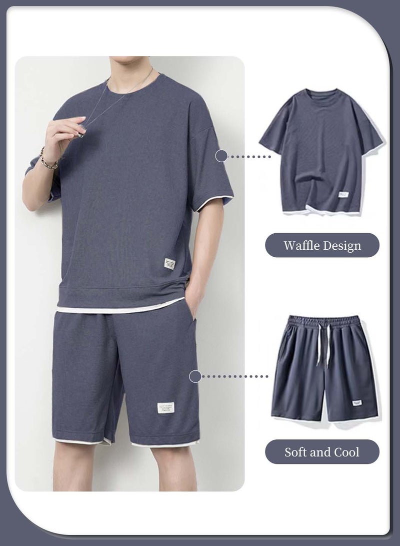 Moovant طقم ملابس رياضية رجالي صيفي كاجوال بأكمام قصيرة مكون من تي شيرت وشورت مكون من قطعتين بدلة رياضية متناسقة مع جيوب - Image 2