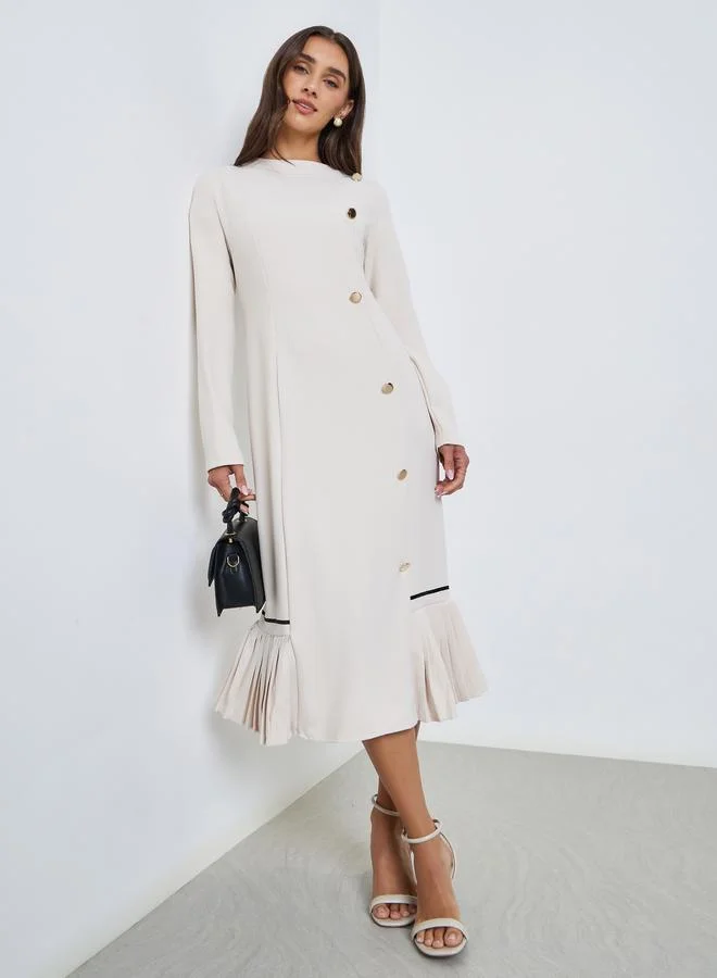 ستايلي فستان ميدي بأزرار وحافة مزمومة بلون فاتح