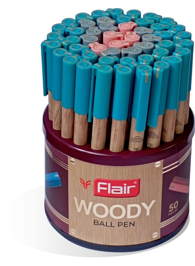 FLAIR Woody 0.7mm Ball Pen Stand | Attractive Woody Design | Smooth Ink Flow System With Low-Viscosity Ink | Smudge Free Writing | Blue, Black & Red Ink, Pack of 50 Pens - Image 1