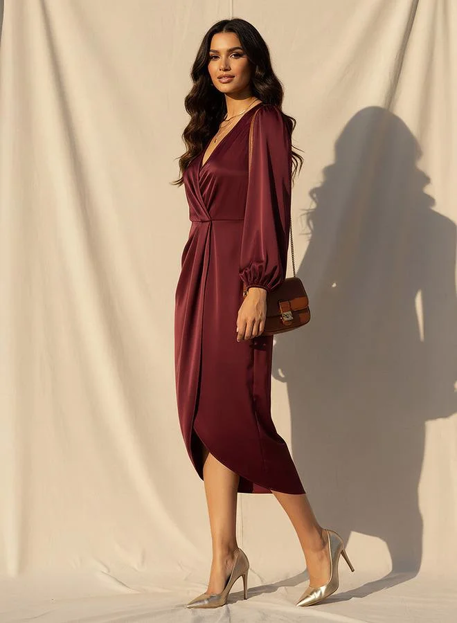 Splash FAV Wrap Midi Satin Dress with Puff Sleeves
