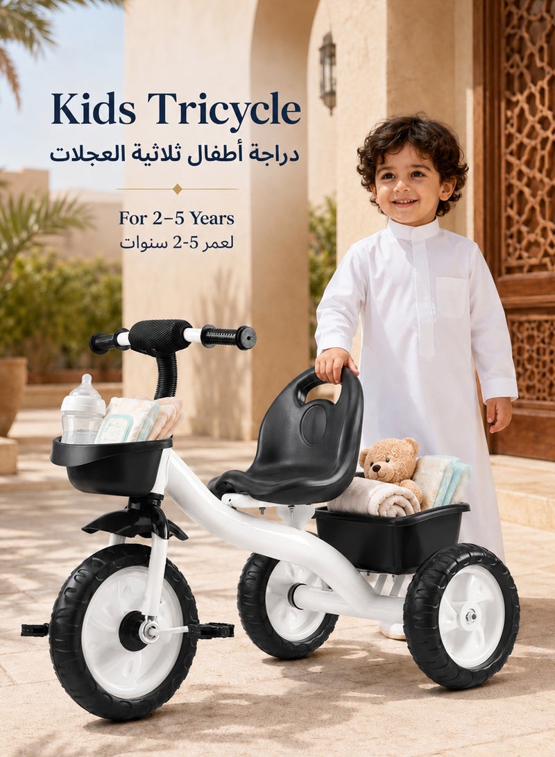 Favarey Kids Tricycle For 2-5 Years, Toddler 3 Wheel Bike With Adjustable Seat, Foldable Pedals, Backrest Safety Belt, Front Rear Basket, Stable Baby Bicycle Ride On Toy For Boys Girls, Blue - Image 1