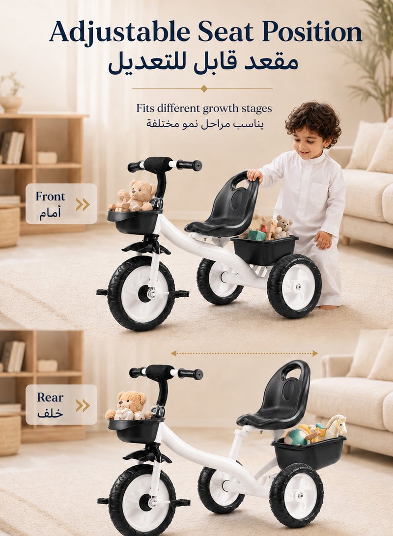 Favarey Kids Tricycle For 2-5 Years, Toddler 3 Wheel Bike With Adjustable Seat, Foldable Pedals, Backrest Safety Belt, Front Rear Basket, Stable Baby Bicycle Ride On Toy For Boys Girls, Blue - Image 4