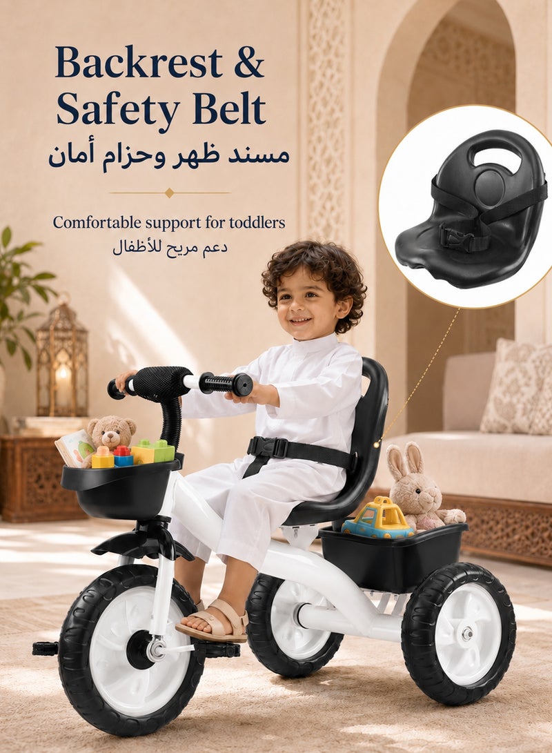 Favarey Kids Tricycle For 2-5 Years, Toddler 3 Wheel Bike With Adjustable Seat, Foldable Pedals, Backrest Safety Belt, Front Rear Basket, Stable Baby Bicycle Ride On Toy For Boys Girls, Blue - Image 3