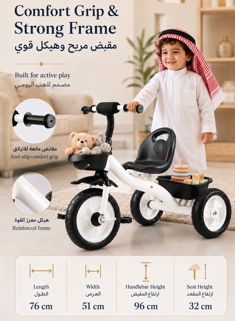 Favarey Kids Tricycle For 2-5 Years, Toddler 3 Wheel Bike With Adjustable Seat, Foldable Pedals, Backrest Safety Belt, Front Rear Basket, Stable Baby Bicycle Ride On Toy For Boys Girls, Blue - Image 2