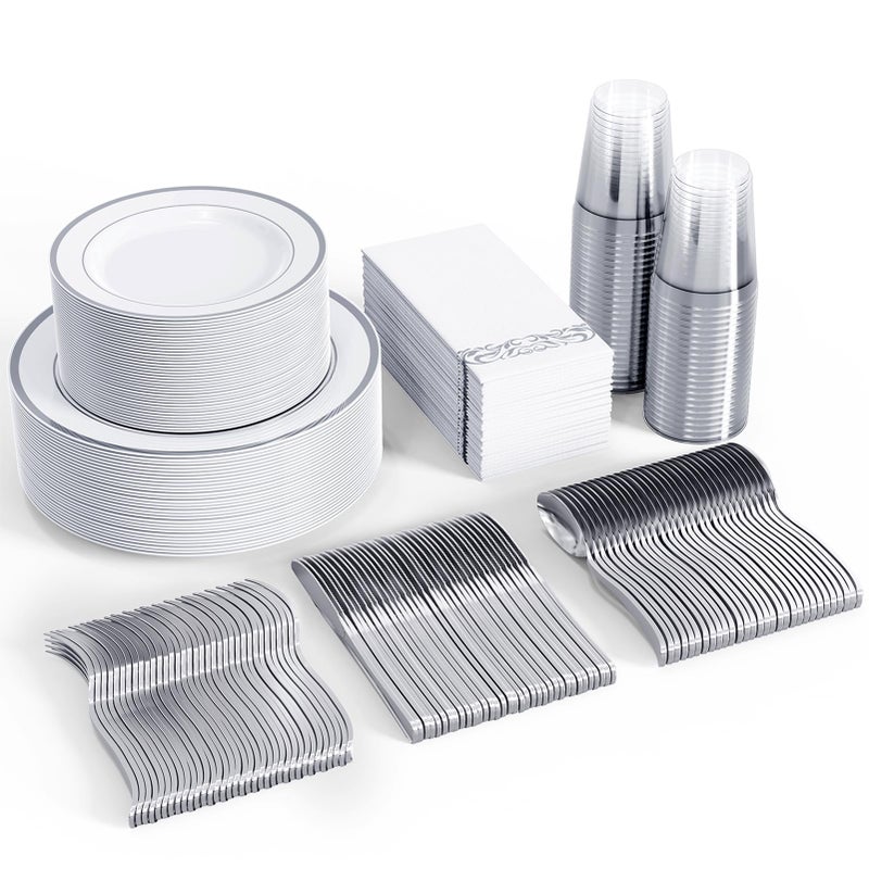 FOCUSLINE 350 Ct Silver Dinnerware Set for 50 Guests  Silver Rimmed White Disposable Plastic Plates Includes 50 Dinner  Salad Plates Cups Cutlery Set for Wedding Parties