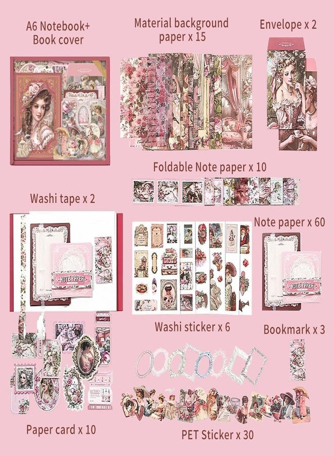 LANLOY 346PCS Vintage Scrapbook Kit Aesthetic Junk Journal Set with Stickers, Washi Tape & A6 Notebook with Decorative Paper Stationery (Retro Queen Pink) - Image 2