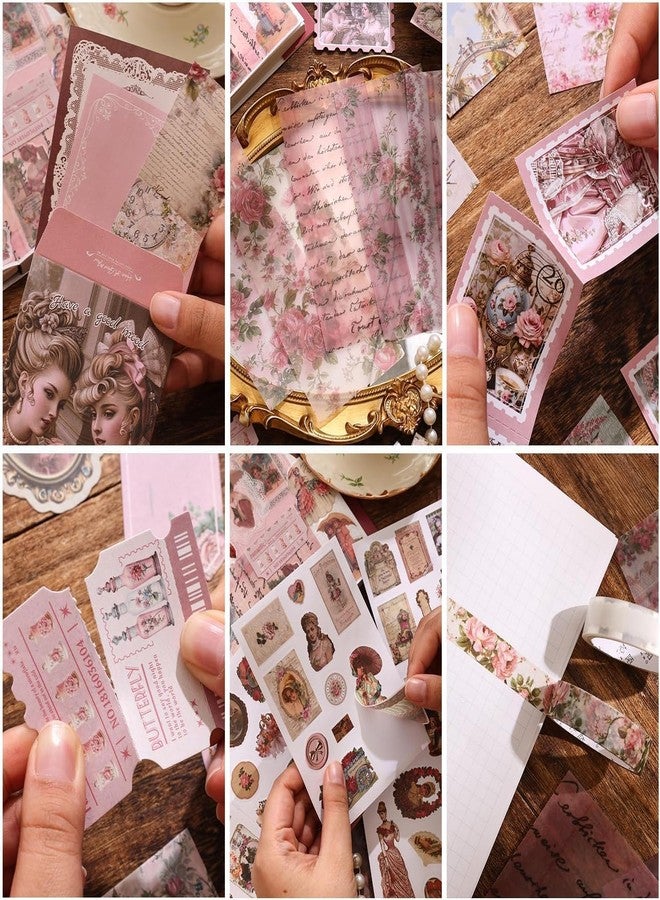 LANLOY 346PCS Vintage Scrapbook Kit Aesthetic Junk Journal Set with Stickers, Washi Tape & A6 Notebook with Decorative Paper Stationery (Retro Queen Pink) - Image 4