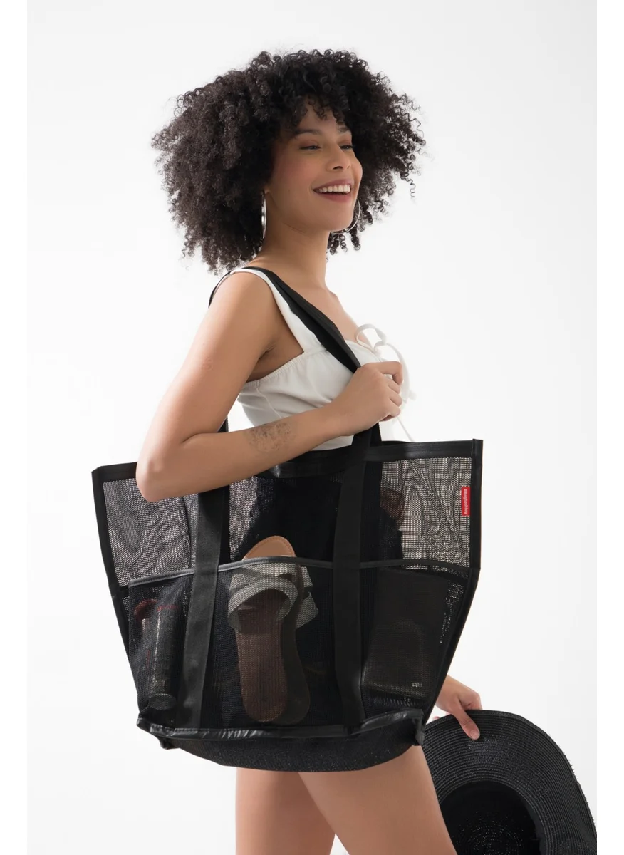 باجهاشتاج Large Size 6 Pocket Black Mesh Beach Bag