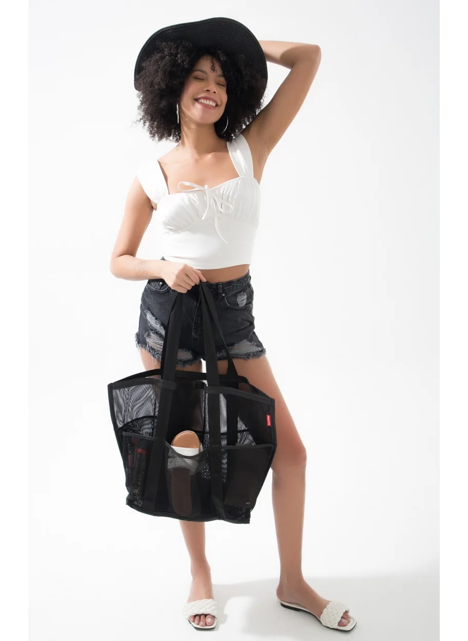 باجهاشتاج Large Size 6 Pocket Black Mesh Beach Bag