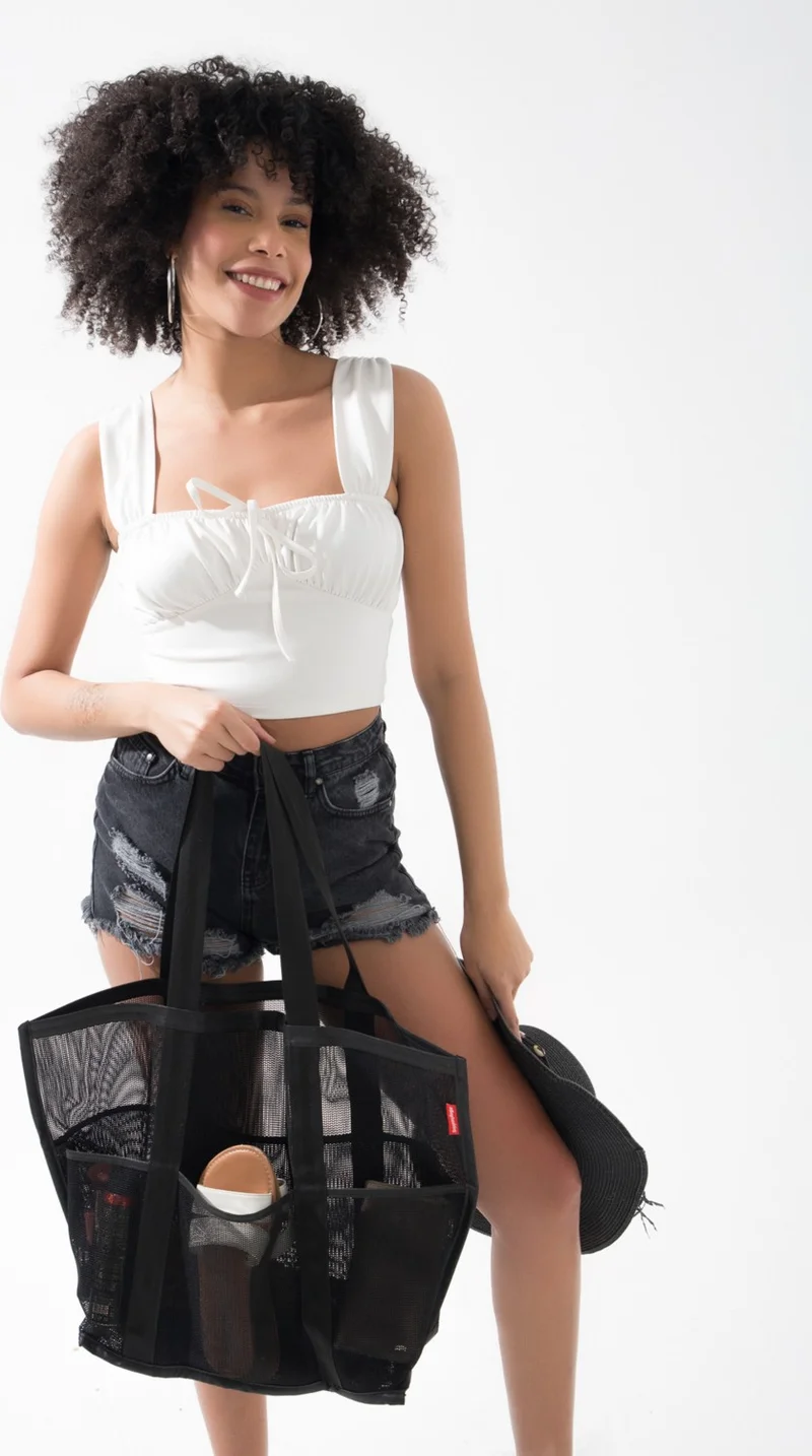 Baghashtag Large Size 6 Pocket Black Mesh Beach Bag