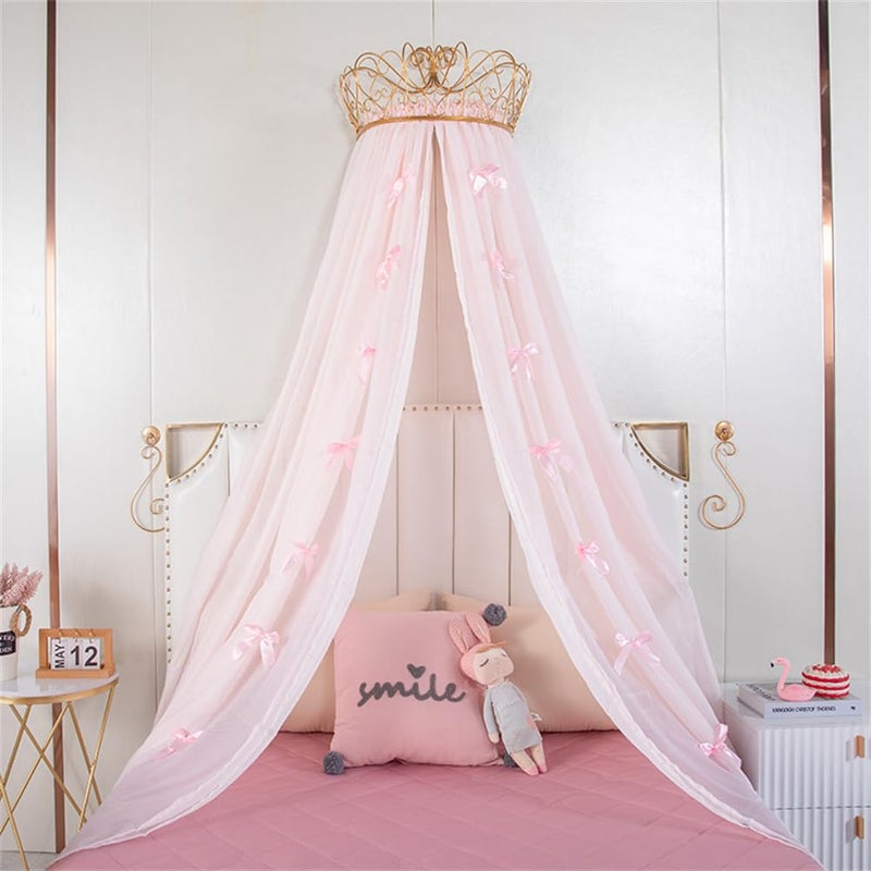 Lotus Karen Lotus Karen Princess Bed Canopy Chiffon Girls Bed Curtain Decorative Drapery Metal Crown for Girls Cute Pink Bowknots Kids Bedding 