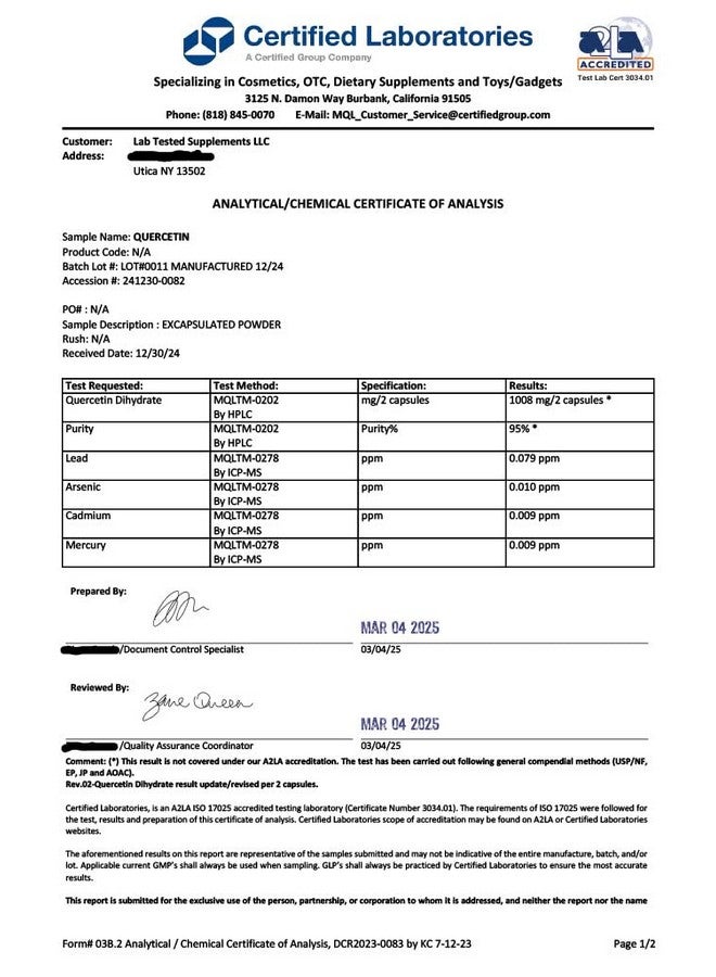 مكملات مختبرة في المختبر - كيرسيتين - 120 كبسولة 500 ملغ - بدون مواد حشو - شهادة تحليل من طرف ثالث مقدمة مع كل دفعة # - كيرسيتين نقي - Image 5