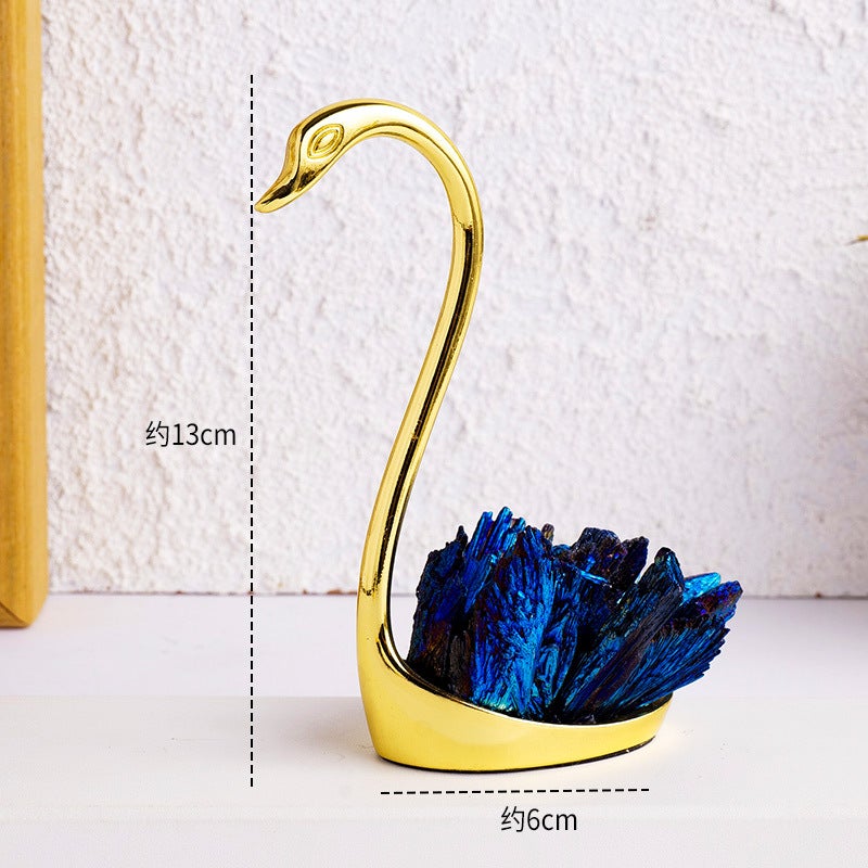 Runyangshi Natural Crystal Swan Ornament with Electroplated Black Tourmaline, Blue Feathers, and Purple-Yellow Quartz - Perfect Wedding Gift - Image 1