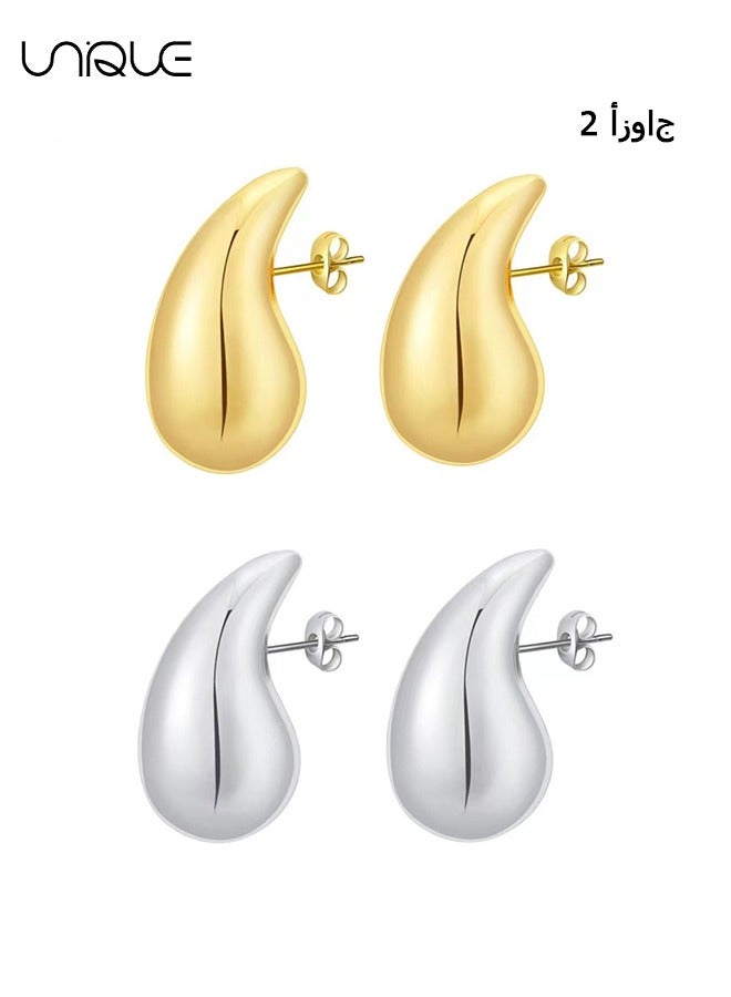 Unique 2 Pairs Teardrop Earrings - Thick Gold and Silver Hoop Earrings - Lightweight Hollow Open Hoops Earrings - Fashion Water Drop Earrings - Gold + Silver - Image 1