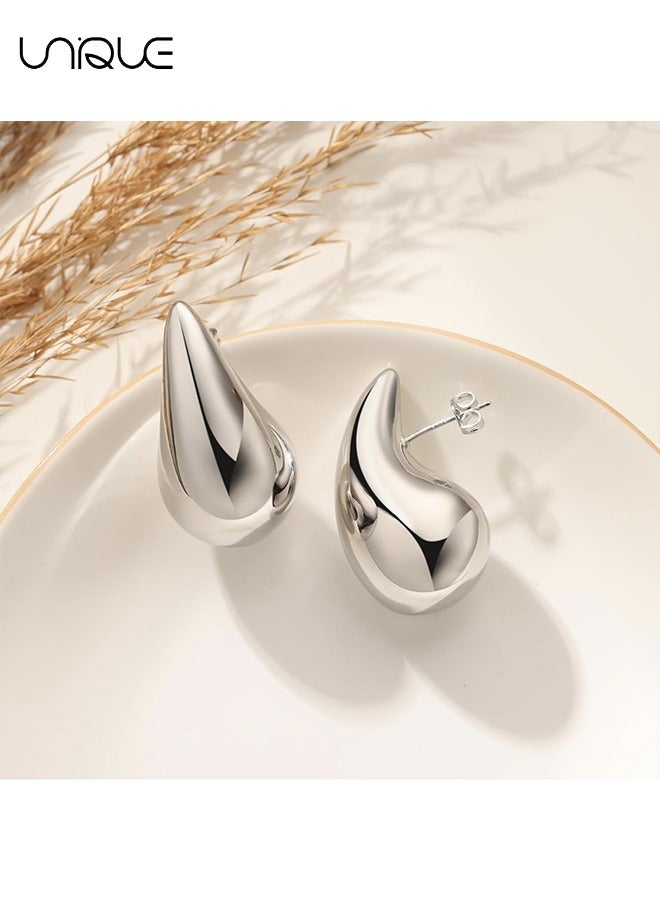 Unique 2 Pairs Teardrop Earrings - Thick Gold and Silver Hoop Earrings - Lightweight Hollow Open Hoops Earrings - Fashion Water Drop Earrings - Gold + Silver - Image 3