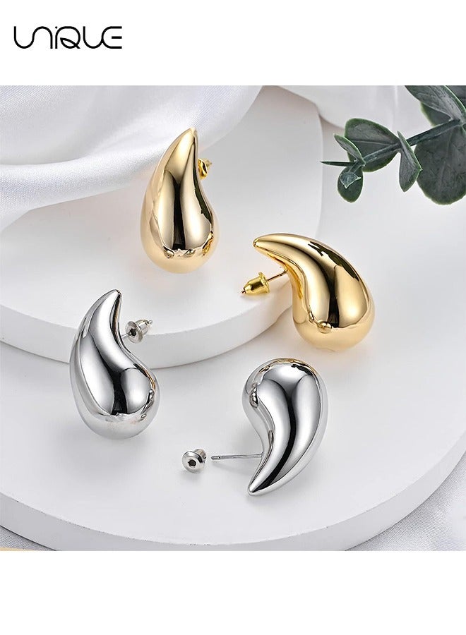 Unique 2 Pairs Teardrop Earrings - Thick Gold and Silver Hoop Earrings - Lightweight Hollow Open Hoops Earrings - Fashion Water Drop Earrings - Gold + Silver - Image 5