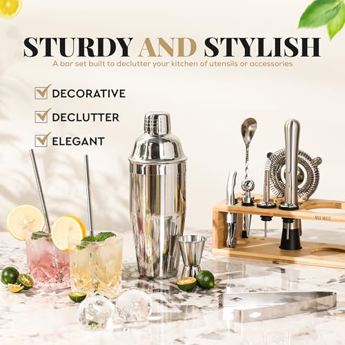 MixMate Mixology Bartender Kit with Stand - 15 Piece Bar Tool Set, Silver Bar Set Cocktail Shaker Set for Drink Mixing - Includes Martini Shaker, Jigger, Strainer, Bar Mixer Spoon, Tongs | Gift Idea (Natural) - Image 2
