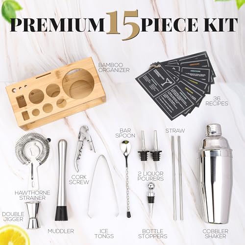 MixMate Mixology Bartender Kit with Stand - 15 Piece Bar Tool Set, Silver Bar Set Cocktail Shaker Set for Drink Mixing - Includes Martini Shaker, Jigger, Strainer, Bar Mixer Spoon, Tongs | Gift Idea (Natural) - Image 3