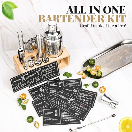 MixMate Mixology Bartender Kit with Stand - 15 Piece Bar Tool Set, Silver Bar Set Cocktail Shaker Set for Drink Mixing - Includes Martini Shaker, Jigger, Strainer, Bar Mixer Spoon, Tongs | Gift Idea (Natural) - Image 4