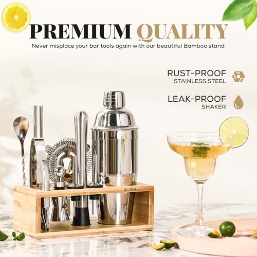 MixMate Mixology Bartender Kit with Stand - 15 Piece Bar Tool Set, Silver Bar Set Cocktail Shaker Set for Drink Mixing - Includes Martini Shaker, Jigger, Strainer, Bar Mixer Spoon, Tongs | Gift Idea (Natural) - Image 5