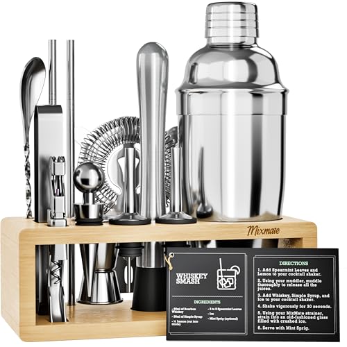 MixMate Mixology Bartender Kit with Stand - 15 Piece Bar Tool Set, Silver Bar Set Cocktail Shaker Set for Drink Mixing - Includes Martini Shaker, Jigger, Strainer, Bar Mixer Spoon, Tongs | Gift Idea (Natural) - Image 1