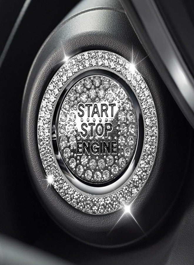 Eponcia 2PCS Rhinestone Push Start Button Cover Bling Car Accessories for Women, Sparkly Diamond Push to Starter Stop Button Decorative Cover, Key Ignition Knob Ring Crystal Emblem Sticker(White) - Image 1
