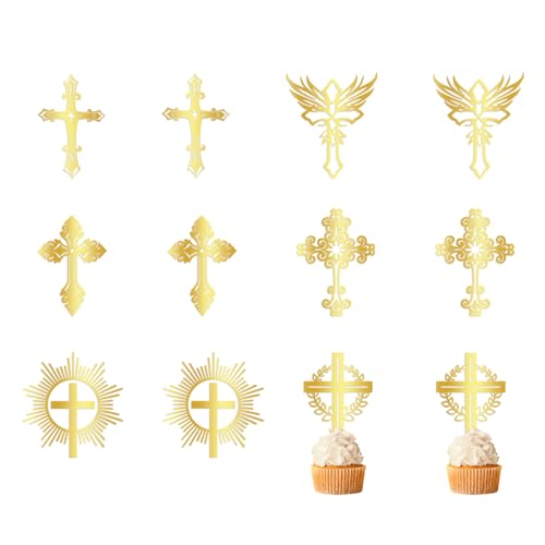 Florcmet 12pcs Gold glitter Acrylic Cross Cupcake ToppersFirst CommunionBaby shower cake topperBirthday Wedding Religious cake Decorations Party Supplies - Image 5