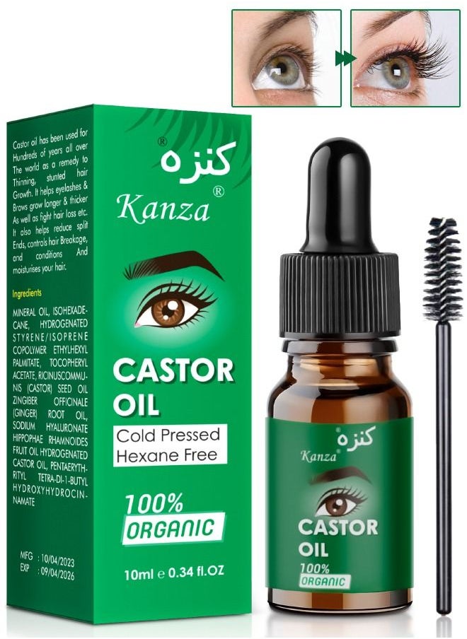 Kanza - 100% Organic Castor Oil for Eyelashes Eyebrows Hair Black Castor Oil Natural Cold Pressed Hair Growth Oil Hexane Free Growth Serum for Fuller Thicker Lashes and Brows for Women 10ml - Image 1